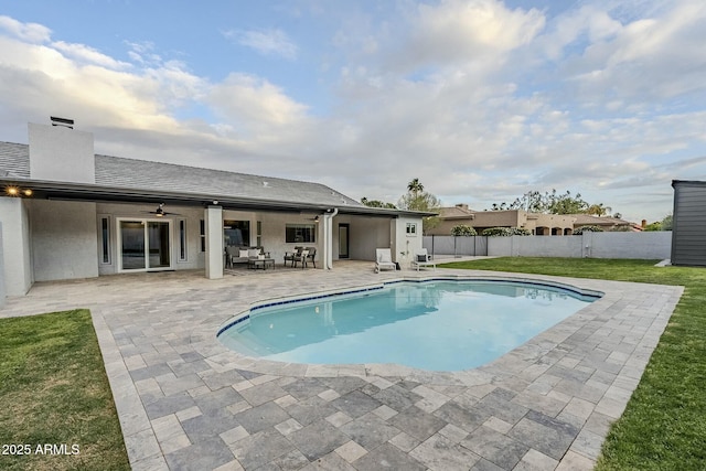 11942 N 95th St, Scottsdale, AZ 85260 - view of pool featuring fence, a patio, a fenced in pool, ceiling fan, and a yard