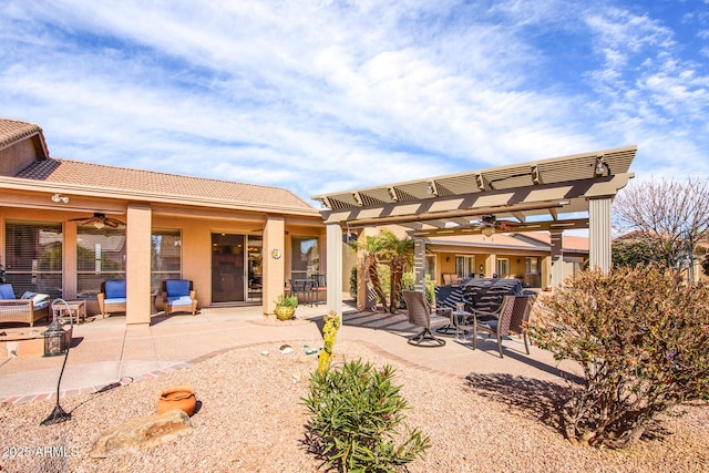 view of patio / terrace featuring ceiling fan, outdoor dining area, and a pergola