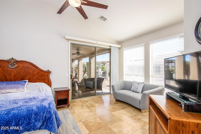 bedroom with access to outside, visible vents, ceiling fan, and lofted ceiling