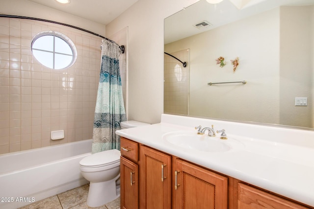 bathroom with shower / tub combo with curtain, visible vents, toilet, vanity, and tile patterned floors