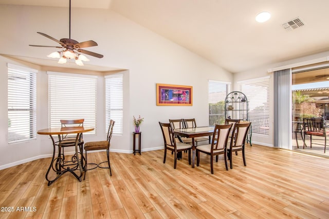 dining space with a healthy amount of sunlight, visible vents, baseboards, and light wood finished floors