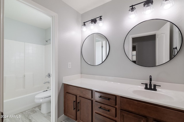 full bathroom with toilet, bathtub / shower combination, and vanity