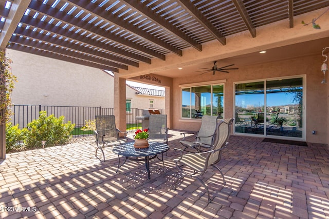 4149 N Brigadier Dr, Florence, AZ 85132 - view of patio / terrace with a ceiling fan, fence, and a pergola