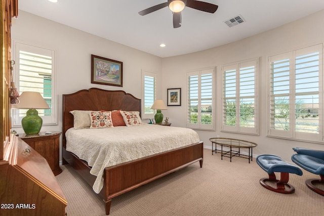 4149 N Brigadier Dr, Florence, AZ 85132 - bedroom featuring recessed lighting, light colored carpet, a ceiling fan, baseboards, and visible vents