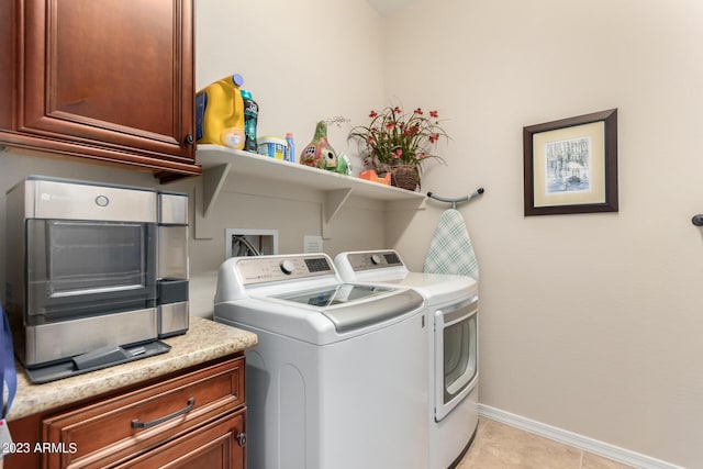 4149 N Brigadier Dr, Florence, AZ 85132 - laundry area featuring cabinet space, light tile patterned floors, baseboards, and washer and dryer