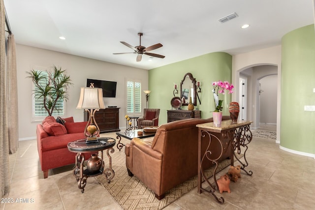 4149 N Brigadier Dr, Florence, AZ 85132 - living area featuring visible vents, arched walkways, baseboards, ceiling fan, and recessed lighting