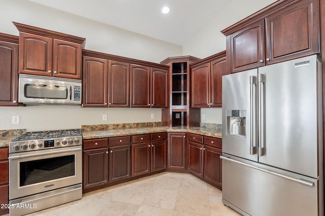 2701 E Caldwell St, Phoenix, AZ 85042 - kitchen with open shelves, dark brown cabinetry, recessed lighting, light stone counters, and stainless steel appliances