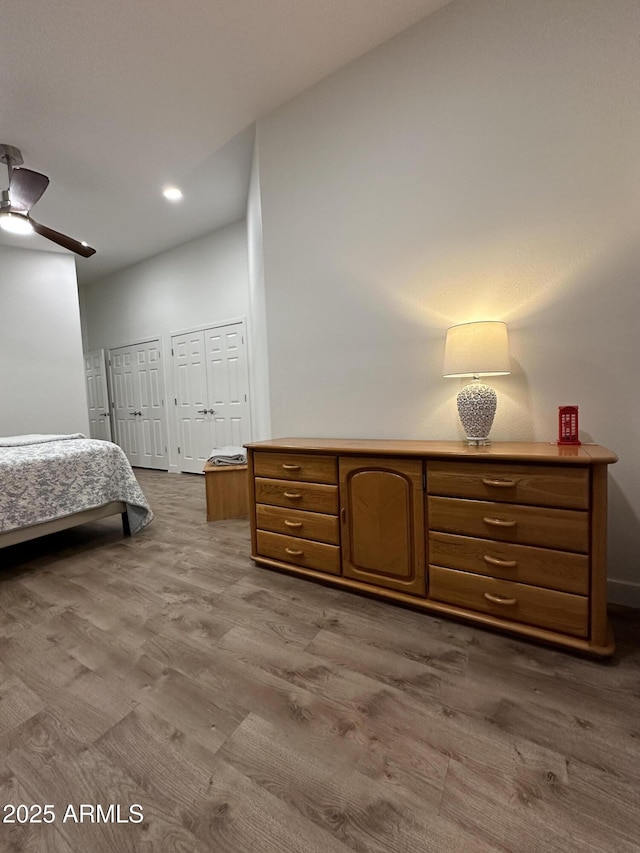 bedroom with dark wood finished floors and two closets