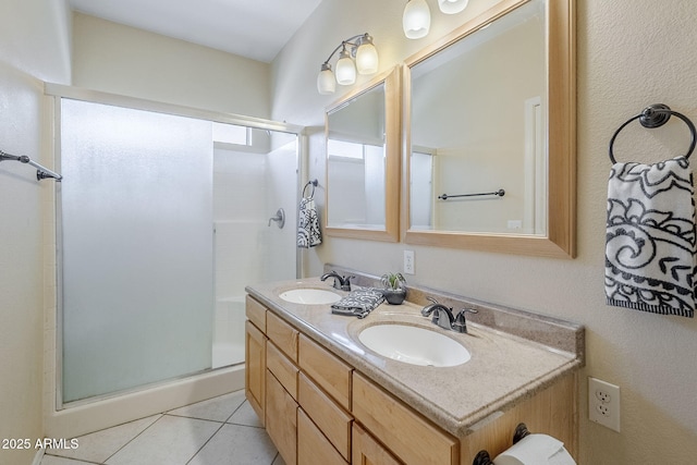 6317 S Kimberlee Way, Chandler, AZ 85249 - bathroom featuring a shower stall, double vanity, and tile patterned floors