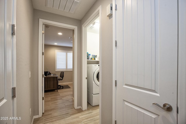 26421 W Zachary Dr, Buckeye, AZ 85396 - clothes washing area featuring visible vents, baseboards, light wood-type flooring, recessed lighting, and washer / dryer