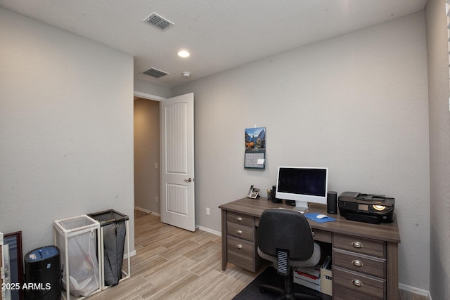 26421 W Zachary Dr, Buckeye, AZ 85396 - office area featuring light wood-style flooring, visible vents, baseboards, and recessed lighting