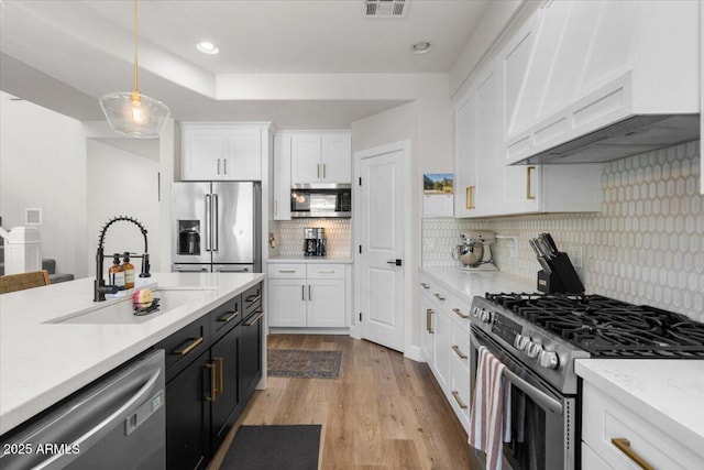 2466 E Harrison Ct, Gilbert, AZ 85295 - kitchen with appliances with stainless steel finishes, white cabinetry, a sink, light wood-style floors, and pendant lighting