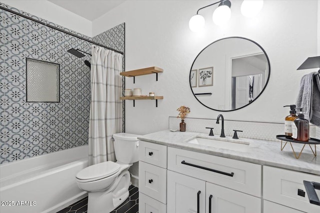 2466 E Harrison Ct, Gilbert, AZ 85295 - bathroom featuring vanity, toilet, and shower / bath combo with shower curtain