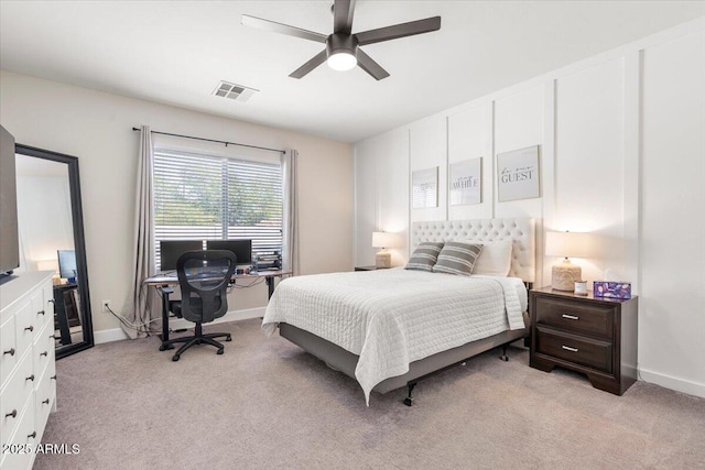 2466 E Harrison Ct, Gilbert, AZ 85295 - bedroom featuring light colored carpet, baseboards, a desk, and a ceiling fan