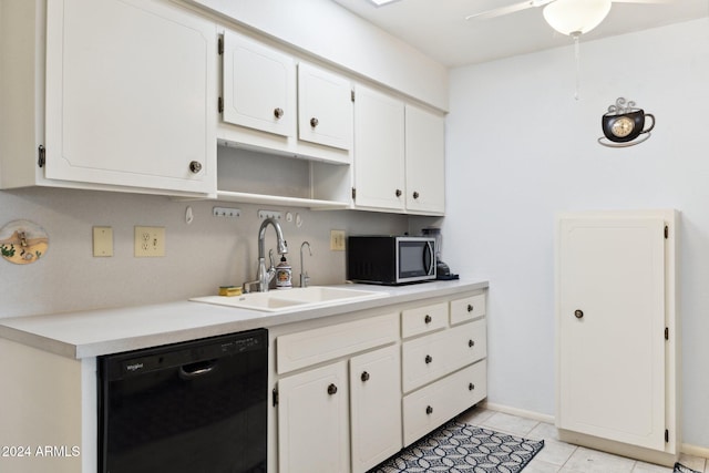 kitchen featuring ceiling fan, white cabinets, light tile patterned flooring, sink, and black dishwasher