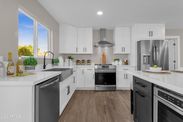 kitchen with white cabinetry, appliances with stainless steel finishes, sink, and wall chimney exhaust hood