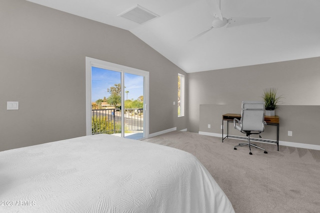 carpeted bedroom featuring ceiling fan, lofted ceiling, and access to outside