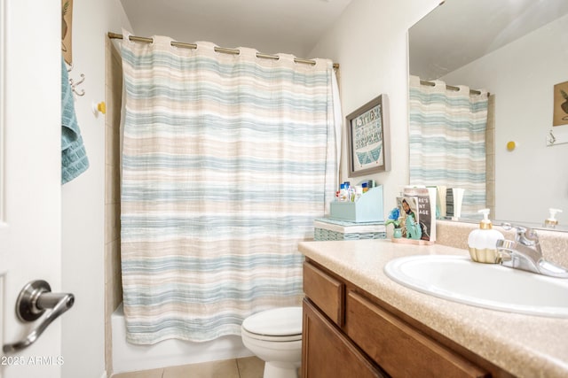 bathroom featuring toilet, tile patterned floors, shower / bath combination with curtain, and vanity
