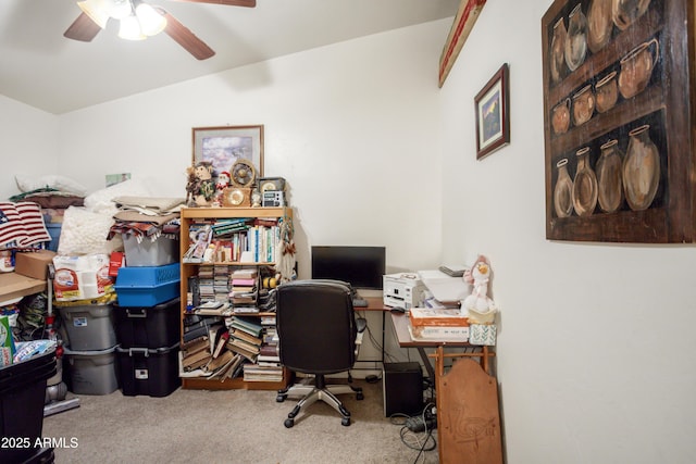 home office with carpet floors and ceiling fan