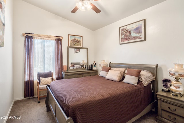 carpeted bedroom featuring baseboards, a ceiling fan, and lofted ceiling