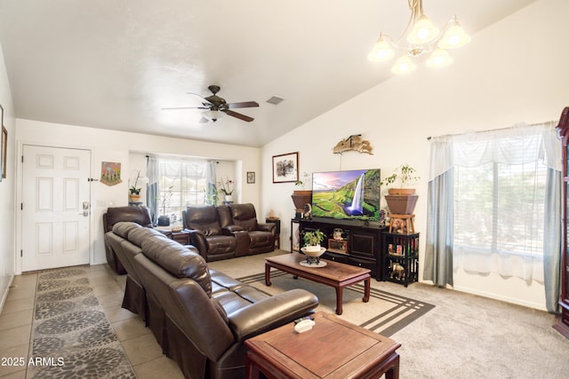 living area featuring visible vents, baseboards, ceiling fan with notable chandelier, and vaulted ceiling
