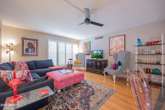 5102 N 31st Pl Unit 432, Phoenix, AZ 85016 - living room with wood finished floors, ceiling fan, and visible vents