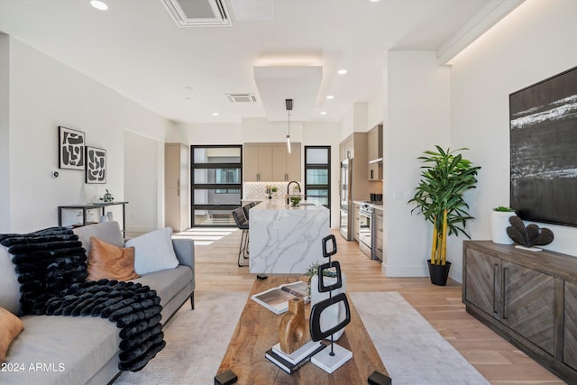 living room with light hardwood / wood-style flooring and sink