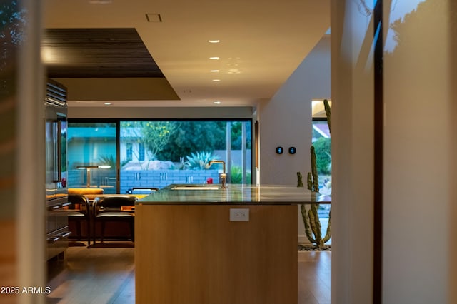 kitchen with a sink, plenty of natural light, wood-type flooring, and recessed lighting