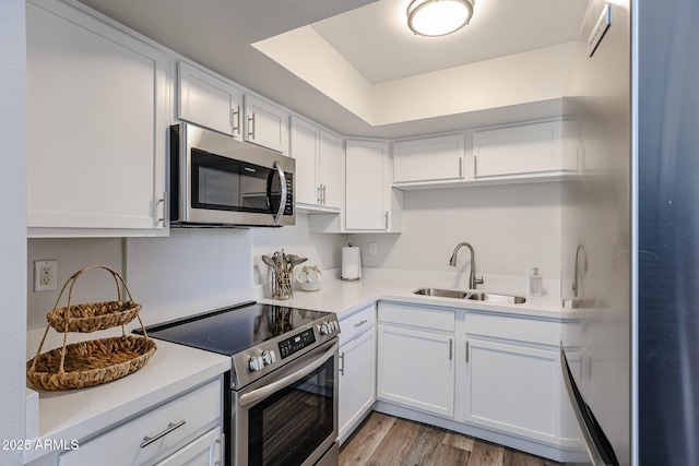 kitchen with light wood-style flooring, white cabinets, light countertops, a sink, and stainless steel appliances