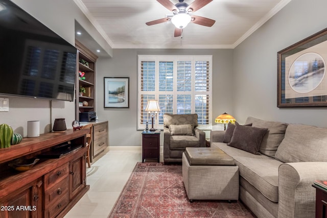 living room with ceiling fan, crown molding, and light tile patterned flooring