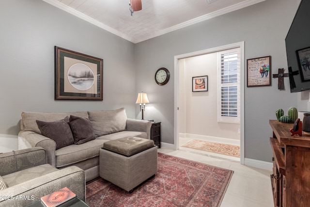 living room featuring ceiling fan, light tile patterned floors, wooden ceiling, and ornamental molding