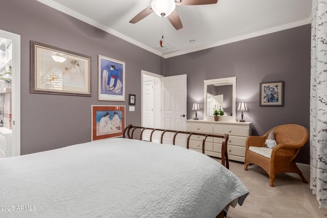 bedroom with ceiling fan, crown molding, and light carpet