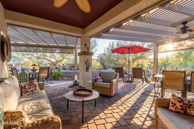 view of patio featuring a pergola and an outdoor hangout area