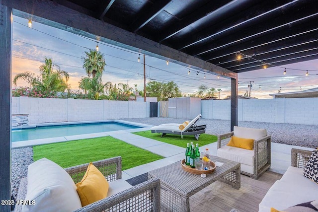 8547 E Roanoke Ave, Scottsdale, AZ 85257 - view of patio / terrace featuring a fenced backyard, outdoor lounge area, and a fenced in pool