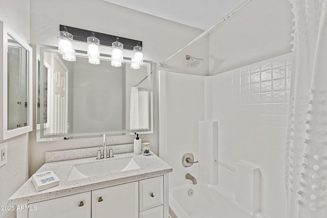 bathroom with vanity and shower / tub combo with curtain