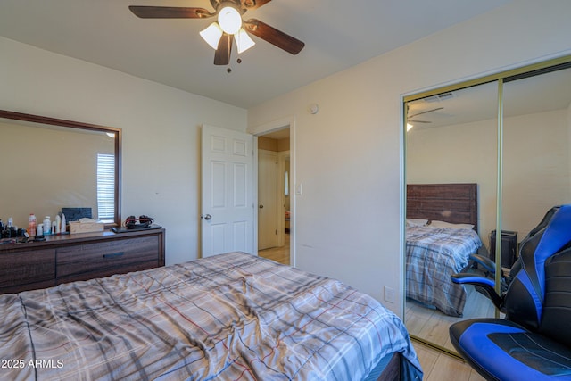 bedroom with light wood-type flooring, a closet, and ceiling fan