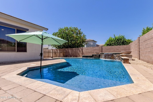 view of pool with a fenced backyard and a patio