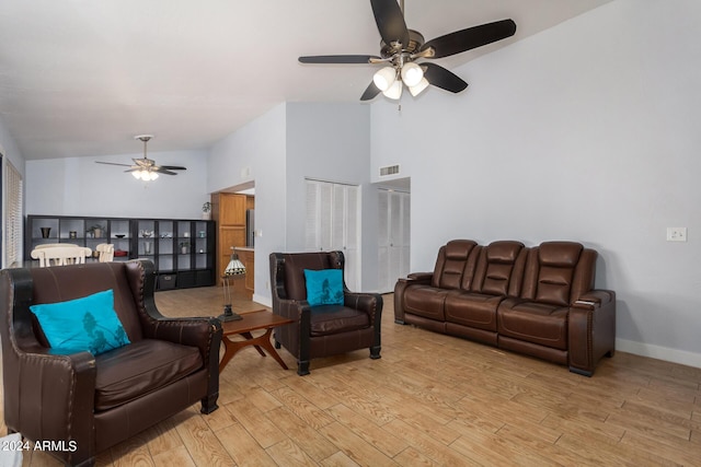 2154 E Forge Ave, Mesa, AZ 85204 - living area featuring ceiling fan, light wood-type flooring, high vaulted ceiling, and baseboards