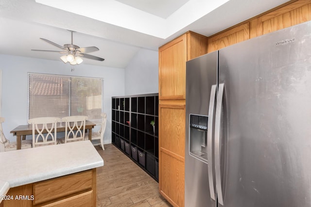 2154 E Forge Ave, Mesa, AZ 85204 - kitchen featuring stainless steel fridge, light wood-style flooring, vaulted ceiling, light countertops, and a ceiling fan