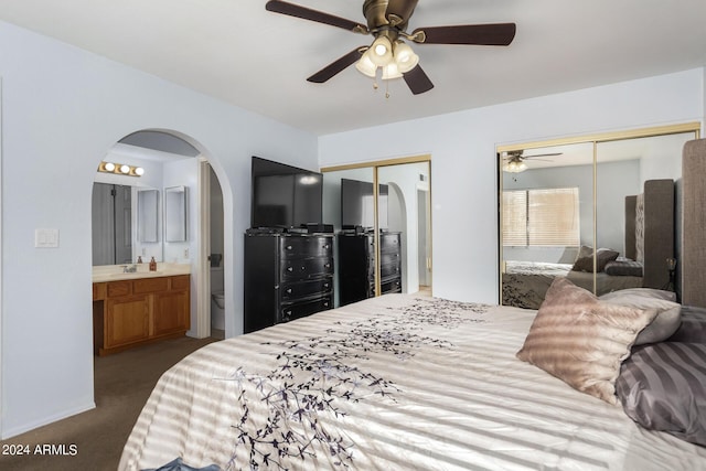 2154 E Forge Ave, Mesa, AZ 85204 - bedroom with multiple closets, a sink, arched walkways, dark carpet, and ensuite bath