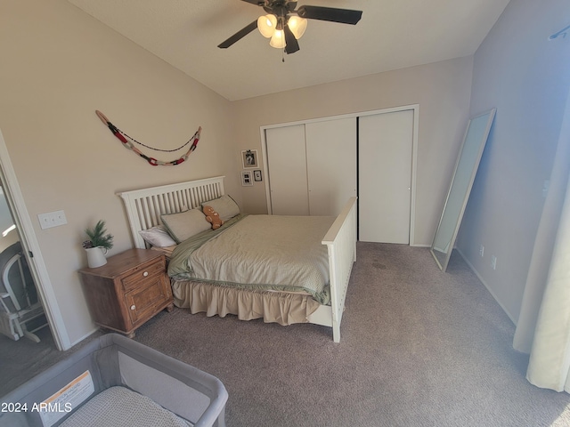 carpeted bedroom featuring a closet and ceiling fan