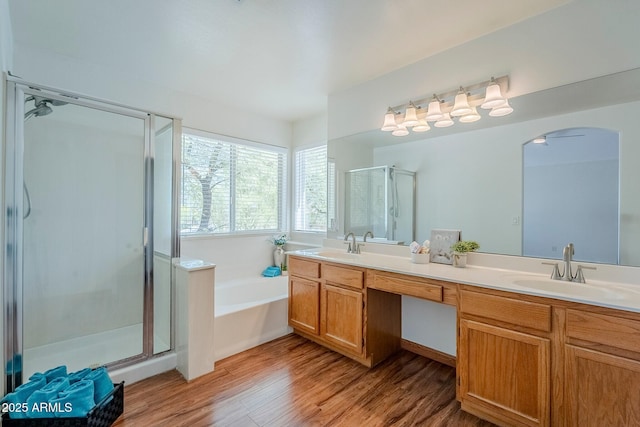 31259 N 42nd Pl, Cave Creek, AZ 85331 - full bathroom featuring a shower stall, double vanity, a bath, and wood finished floors
