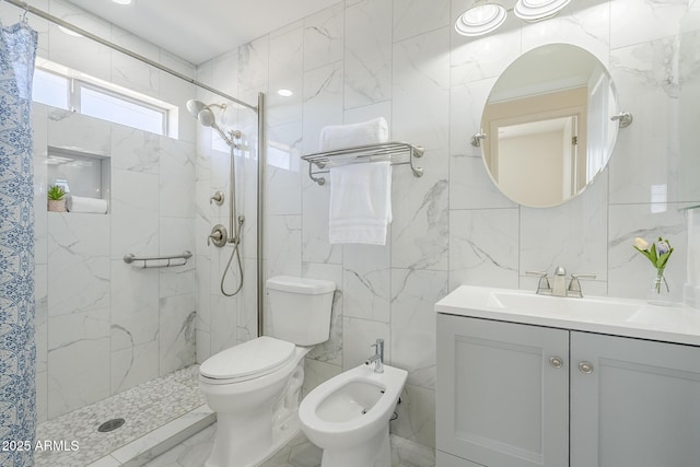 31259 N 42nd Pl, Cave Creek, AZ 85331 - bathroom with tile walls, vanity, tiled shower, a bidet, and marble finish flooring