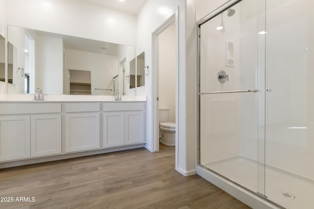 bathroom with vanity, wood-type flooring, a shower with shower door, and toilet