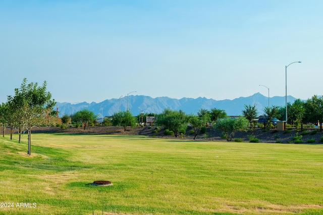 view of community with a mountain view and a yard