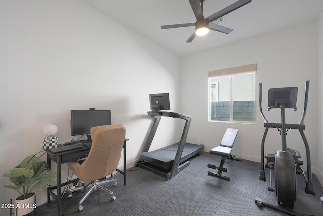 exercise room with ceiling fan