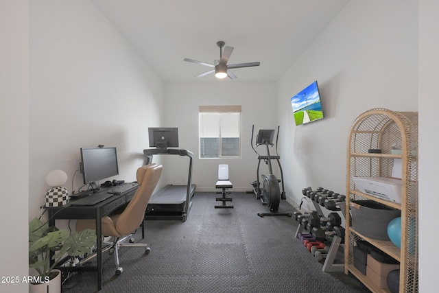 workout area featuring ceiling fan