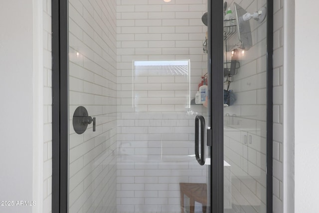 bathroom featuring a shower with door