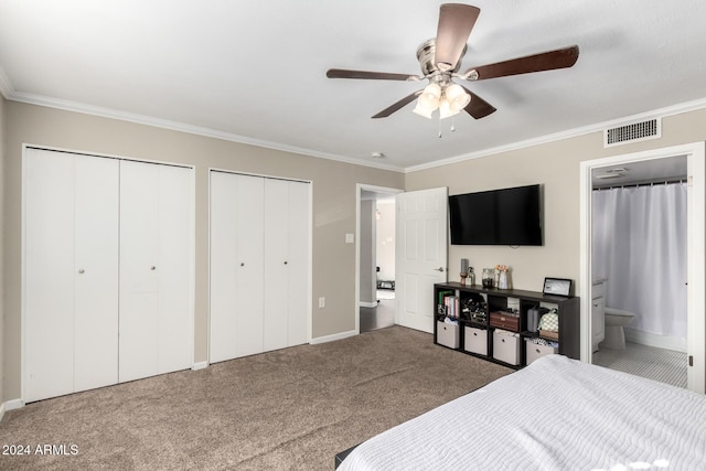 carpeted bedroom featuring two closets, ensuite bathroom, ceiling fan, and ornamental molding