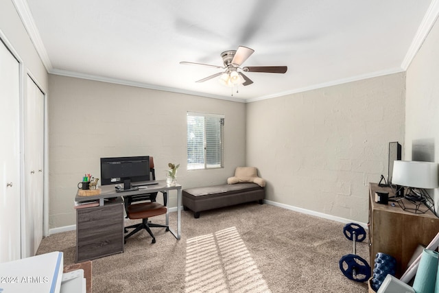 office with carpet, ceiling fan, and crown molding